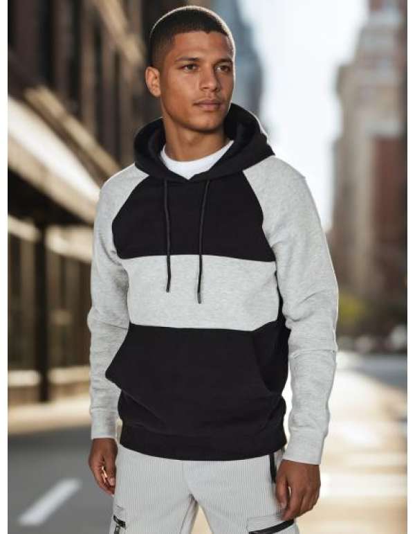 Férfi alap pulóver kapucnival, szürke-fekete csíkos