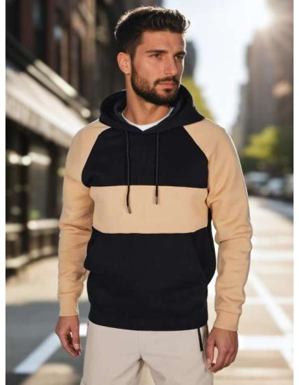 Férfi pulóver kapucnival, kamel-fekete csíkos