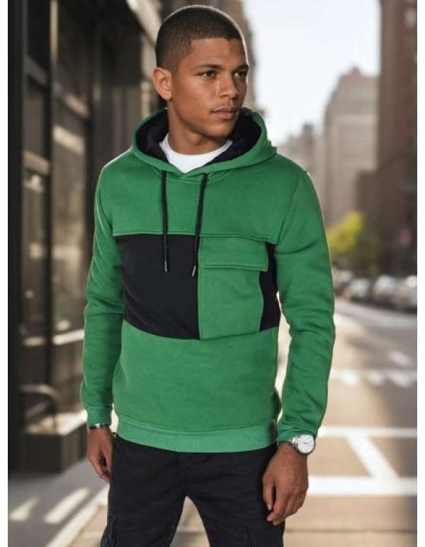 Férfi pulóver kapucnival, sötétzöld