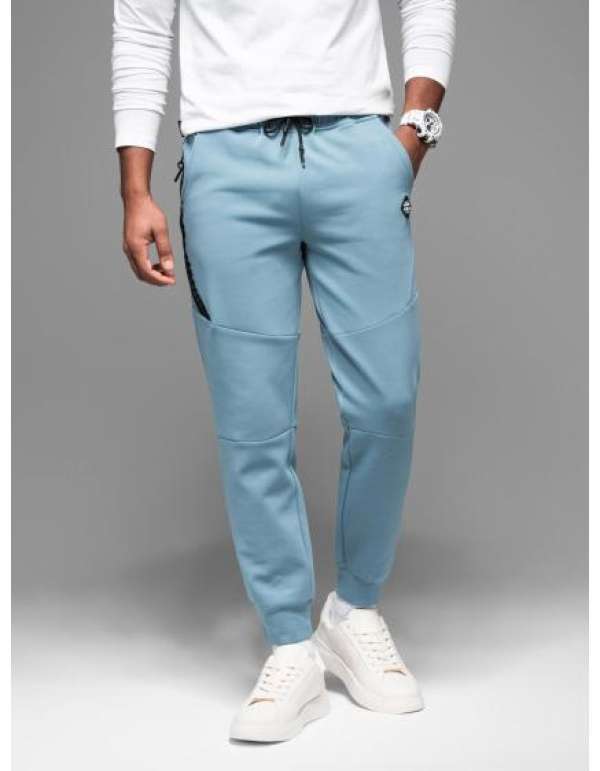 Férfi melegítőnadrág bordás szegéllyel és díszes cipzárral - világoskék V4 OM-PASK-0226