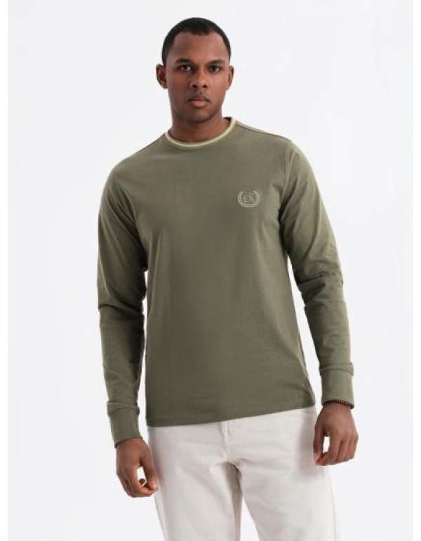 Férfi pamut hosszú ujjú póló U nyakkivágással, csíkos és hímzéssel - olíva V1 OM-LSCL-0128