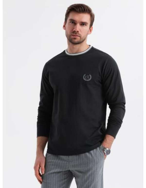 Férfi pamut hosszú ujjú póló csíkos U nyakkivágással és hímzéssel - fekete V4 OM-LSCL-0128