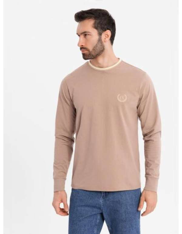 Férfi pamut hosszú ujjú póló csíkos U nyakkivágással és hímzéssel - barna V6 OM-LSCL-0128