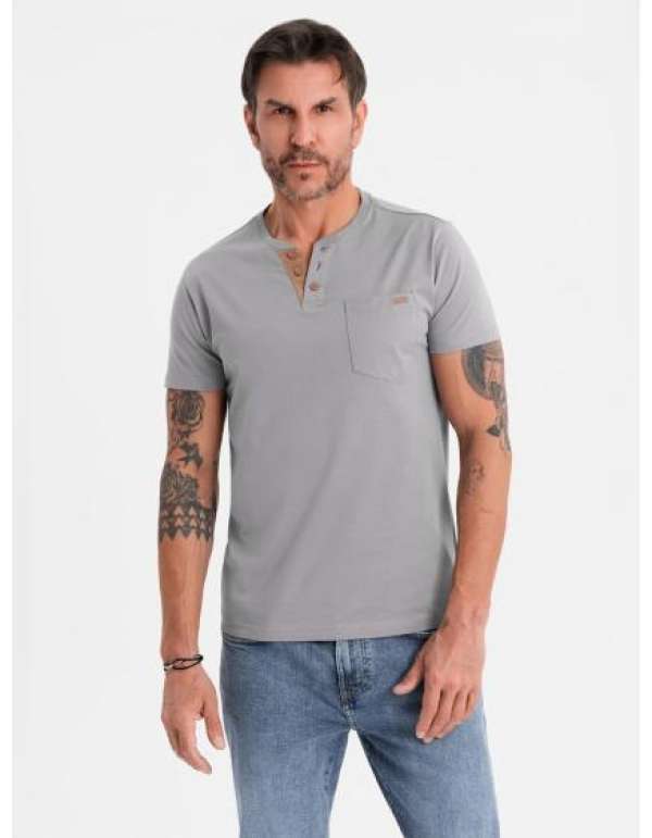 Férfi pamut V-nyakú kötött póló mosott hatású - sötétkék V7 OM-TSWT-0242