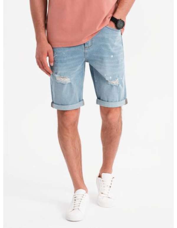 Férfi rövid farmerrövidnadrág dörzsöléssel és felhajtott szárral - világoskék V1 OM-SRDS-0186