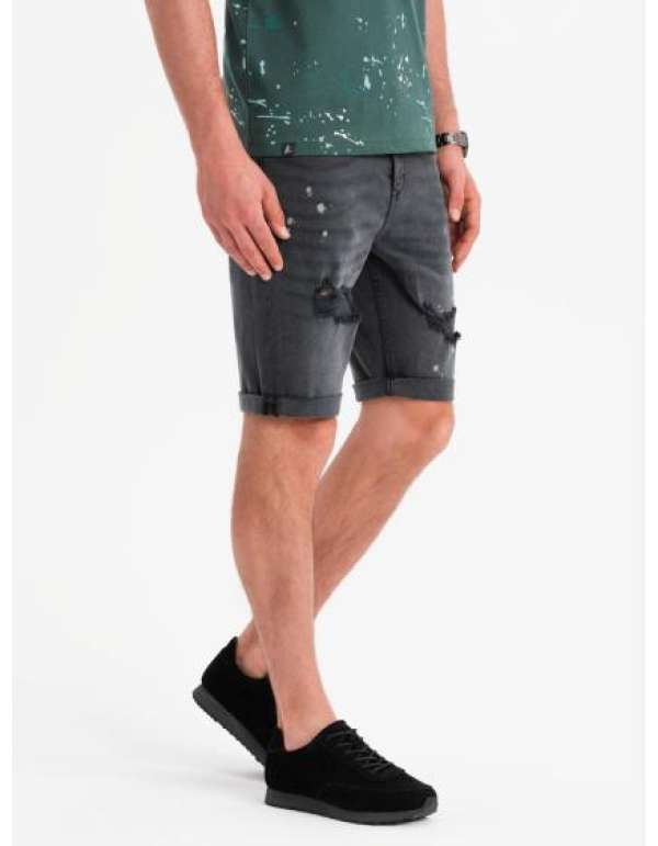 Férfi rövid farmerrövidnadrág dörzsöléssel és felhajtott szárral - szürke V3 OM-SRDS-0186