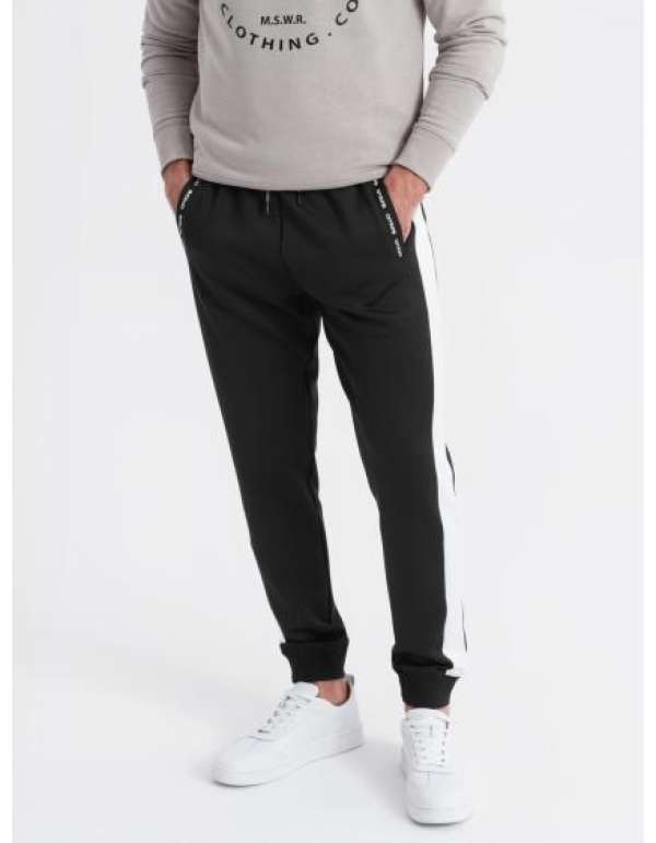 Férfi melegítő nadrág bordás mandzsettával és díszítő cipzárral - homok V6 OM-PASK-0226