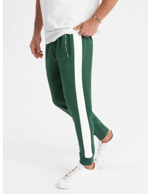 Férfi melegítőnadrág bordás szegélyű és díszes cipzárral - homok V6 OM-PASK-0226