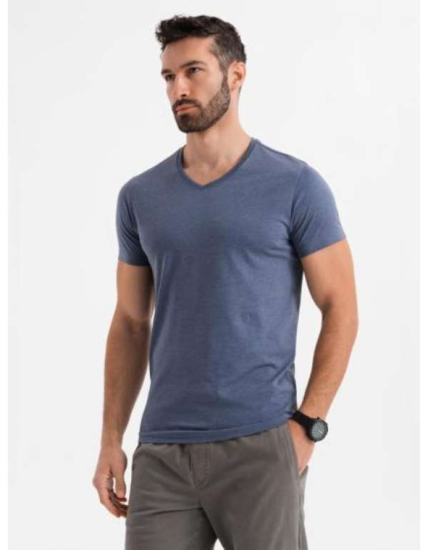 Férfi BASIC klasszikus pamut póló serape nyakkivágással - kék melange V18 OM-TSBS-0237