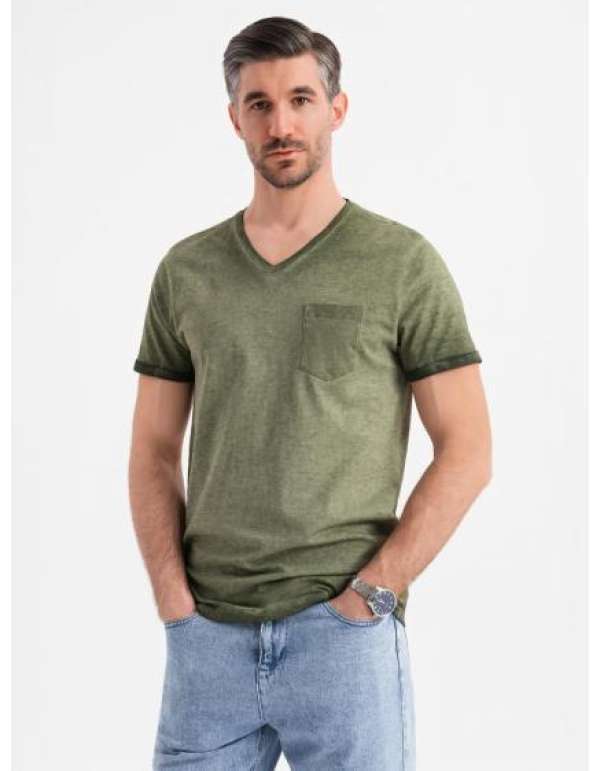 Férfi pamut V-nyakú pulóver mosott hatású - olíva V9 OM-TSWT-0242