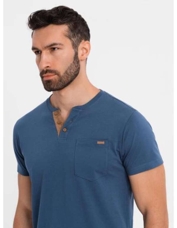 Férfi pamut V-nyakú kötött póló mosott hatású - sötétkék V7 OM-TSWT-0242