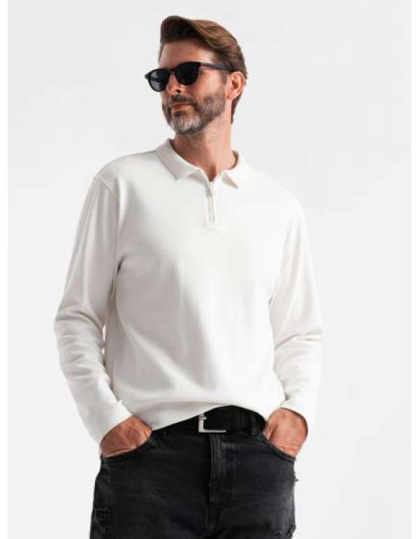 Férfi pólóing hosszú ujjú, cipzáras gallérral - fehér V1 OM-POLS-0130