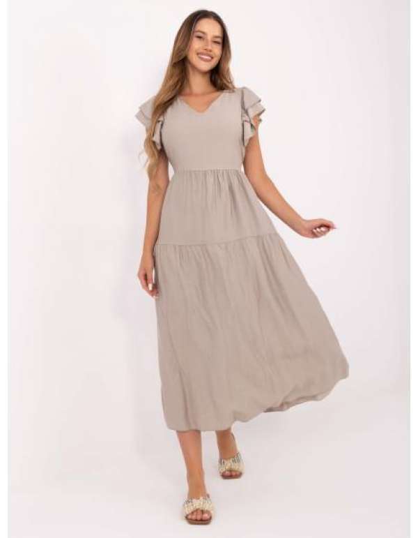 Bézs színű midi ruha gombokkal a hátán