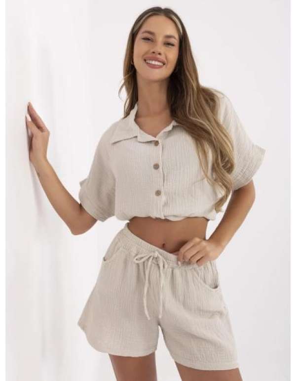 Bézs muszlin rövidnadrág gumival a derékban