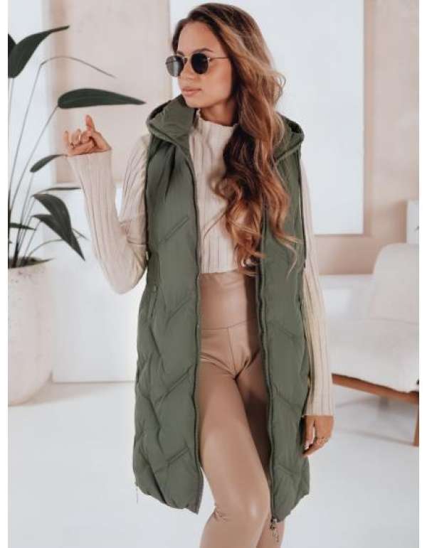 Női hosszú steppelt mellény kapucnival zöld