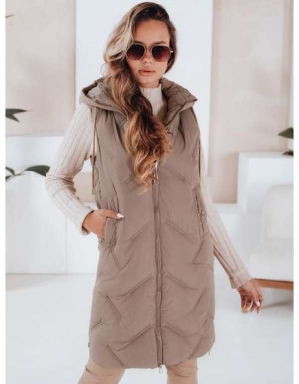 Női hosszú steppelt mellény kapucnival kamel