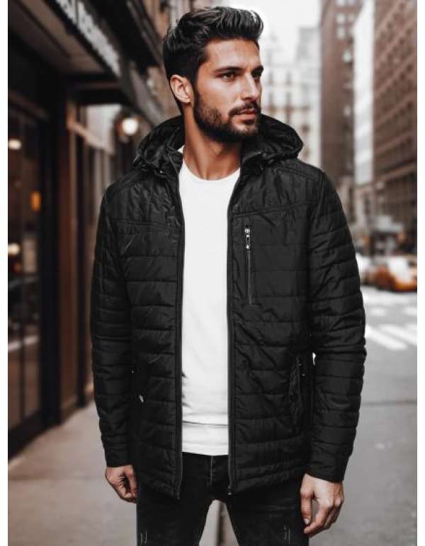 Férfi steppelt kabát kapucnival, fekete
