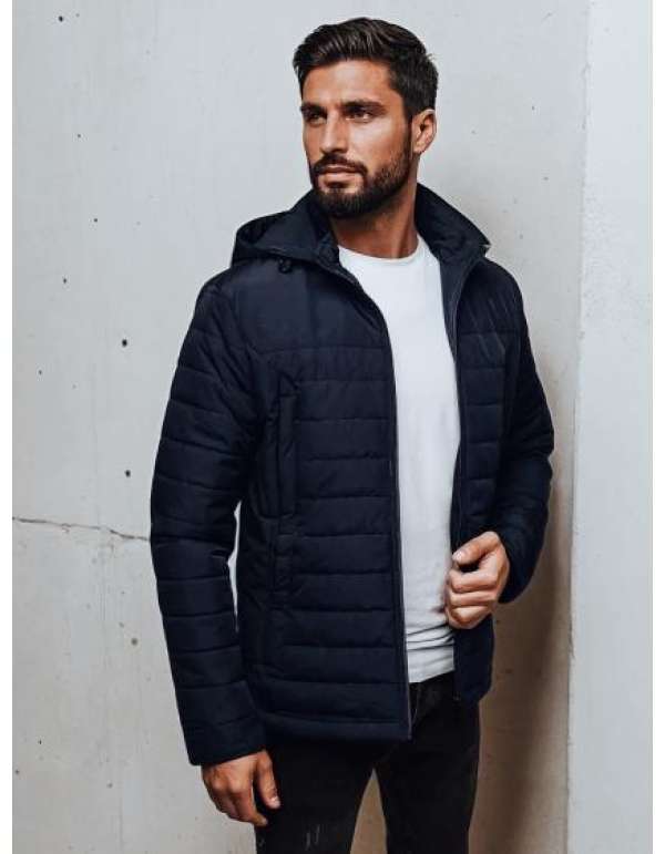Férfi steppelt kabát kapucnival, sötétkék