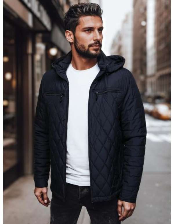 Férfi steppelt kabát kapucnival, sötétkék