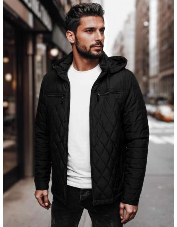 Férfi steppelt kabát kapucnival, fekete