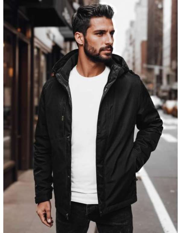 Férfi átmeneti kabát kapucnival, fekete