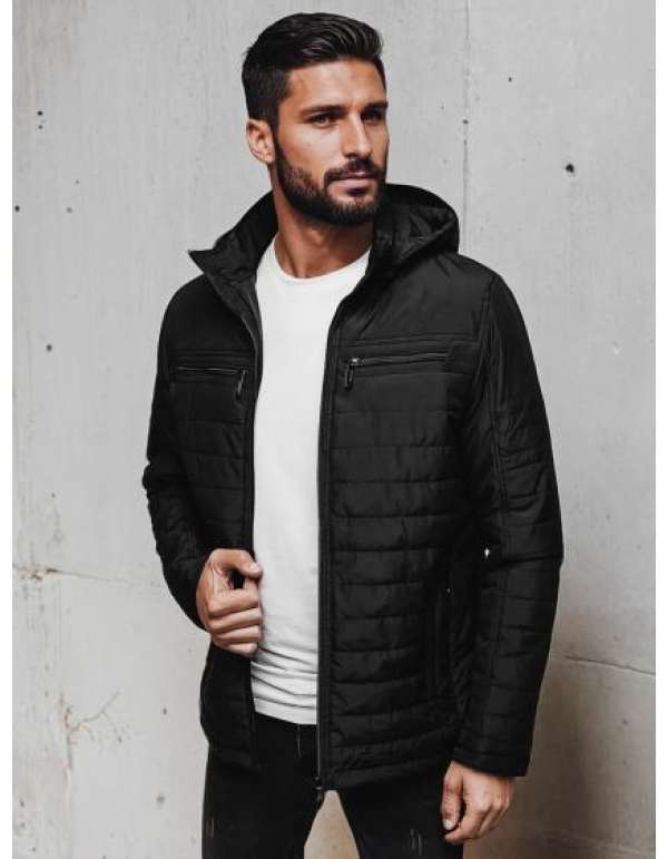 Férfi steppelt kabát kapucnival, fekete