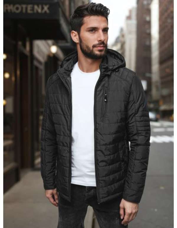 Férfi steppelt kabát kapucnival, fekete színű