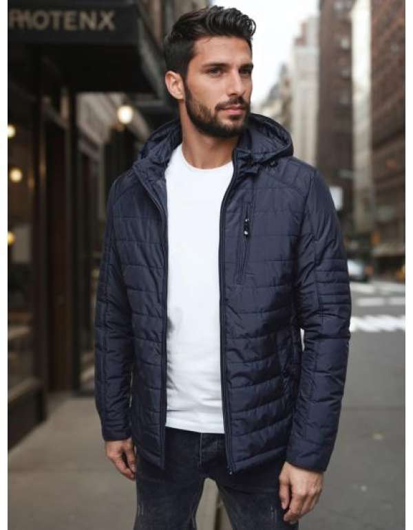 Férfi steppelt kabát kapucnival, sötétkék színű