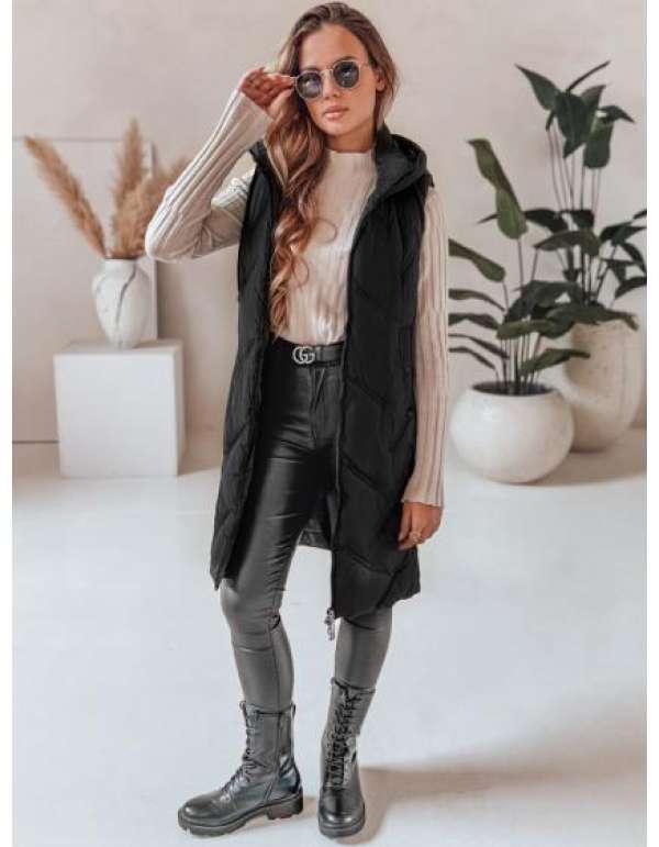 Női hosszú steppelt kabát kapucnival, fekete