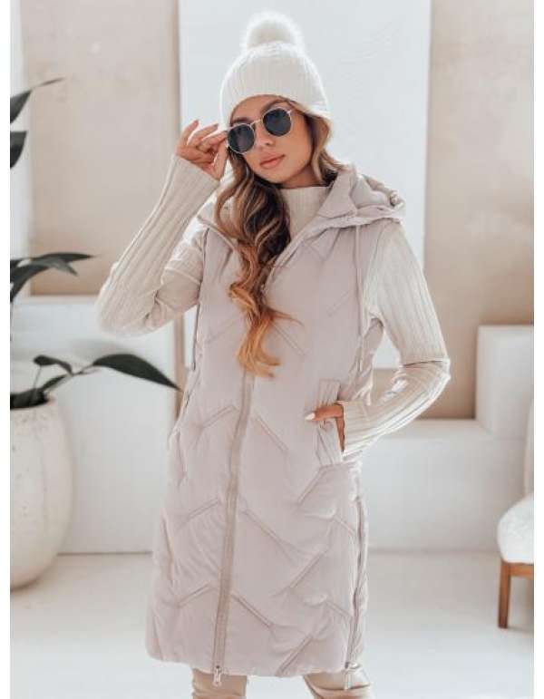 Női hosszú steppelt kabát kapucnival, bézs