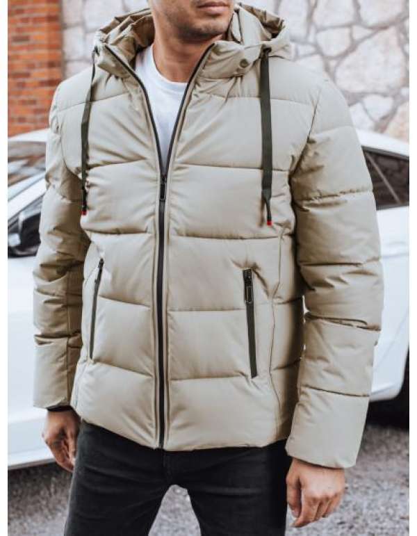 Férfi téli steppelt kabát kapucnival, világos bézs