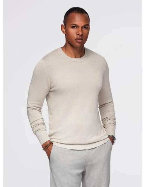 Férfi pulóver, kerek nyakkivágással, rugalmas kötött anyagból, klasszikus mintával – bézs V3 OM-SWSW-0183