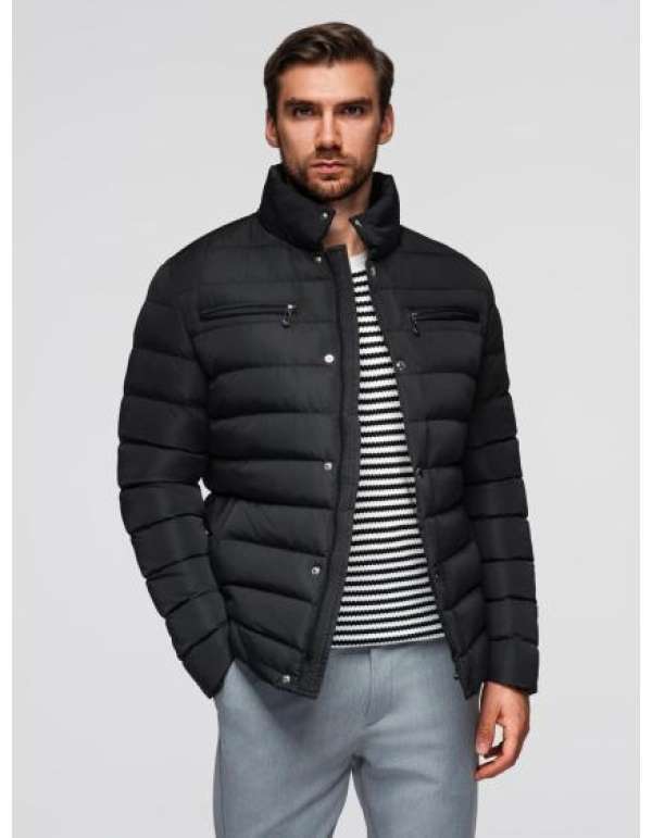 Férfi steppelt kabát állógallérral és cipzárral a mellkason – fekete V1 OM-JALP-0260
