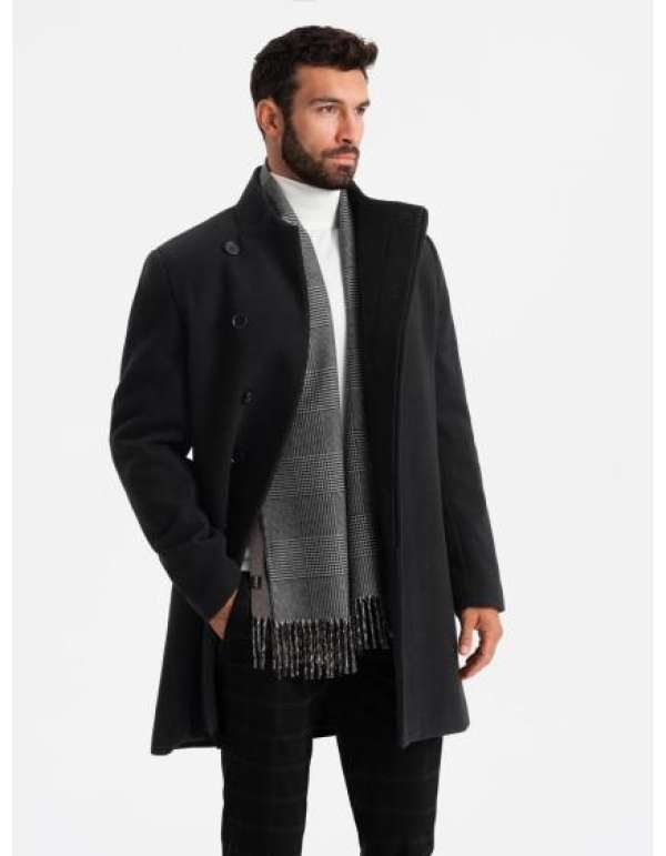 Férfi kabát magas gallérral és aszimmetrikus záródással – fekete V2 OM-COWC-0141