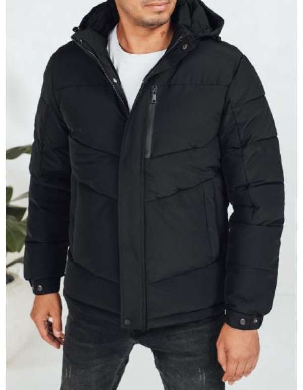 Férfi téli steppelt kabát kapucnival, fekete