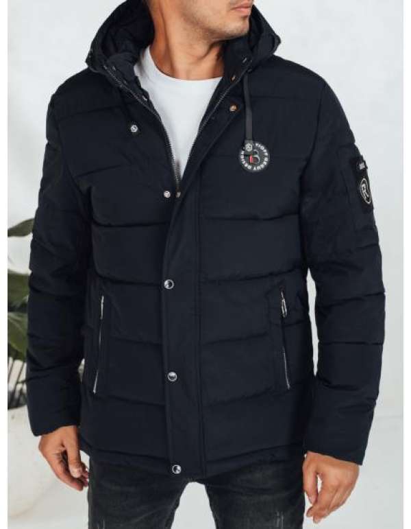 Férfi téli steppelt kabát kapucnival, sötétkék