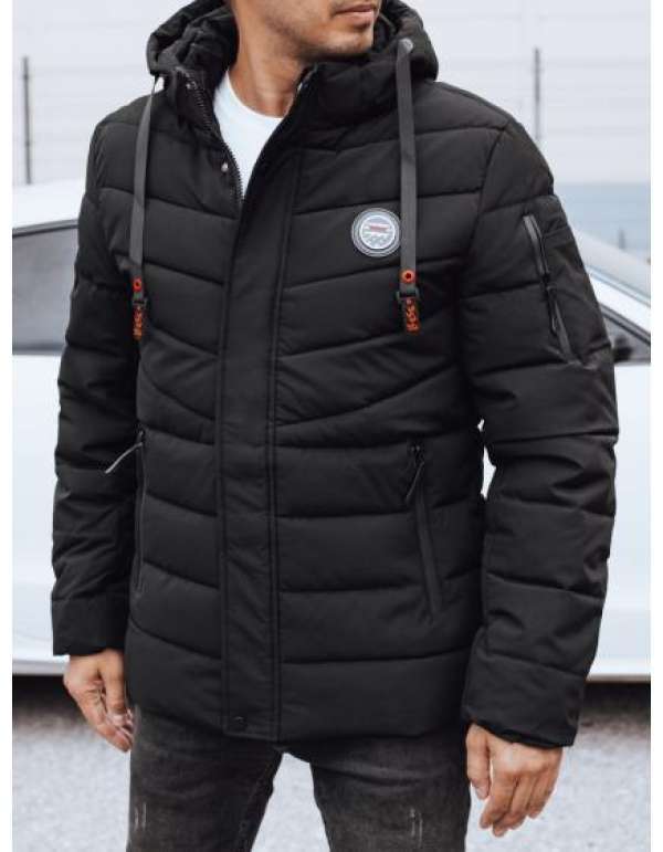 Férfi téli steppelt kabát kapucnival, fekete