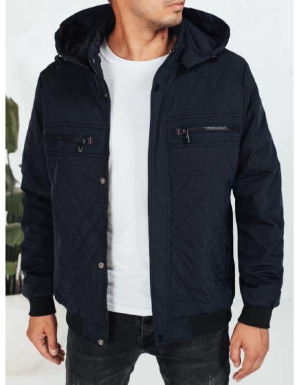 Férfi steppelt kabát kapucnival, sötétkék