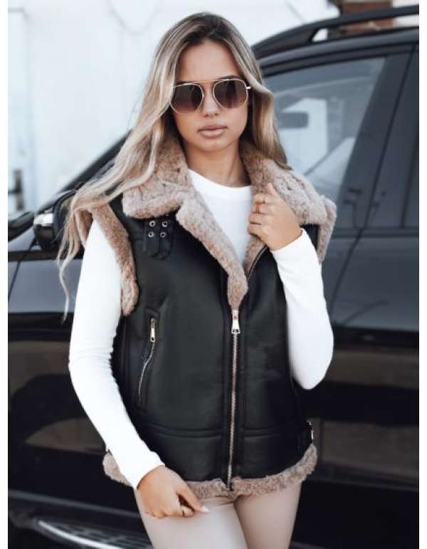 Női bőr kabát szőrme gallérral fekete