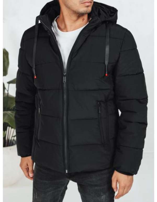 Férfi téli steppelt kabát kapucnival, fekete