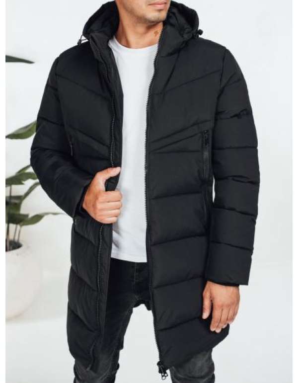 Férfi téli steppelt kabát kapucnival, fekete