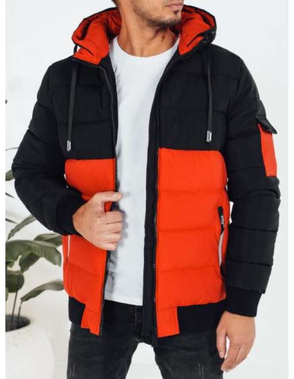 Férfi téli kabát kapucnival, narancssárga és fekete