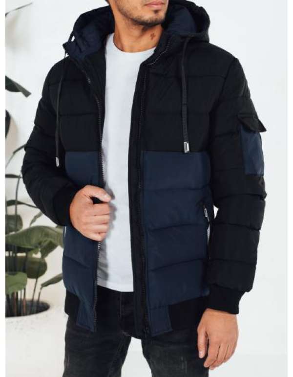 Férfi téli kabát kapucnival, sötétkék és fekete