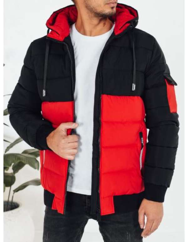 Férfi téli kabát kapucnival, piros és fekete
