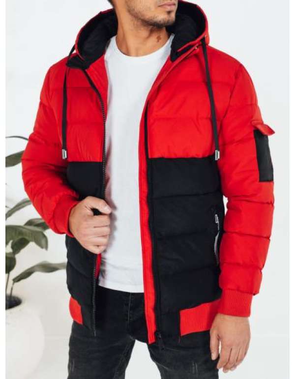 Férfi téli kabát kapucnival, fekete és piros