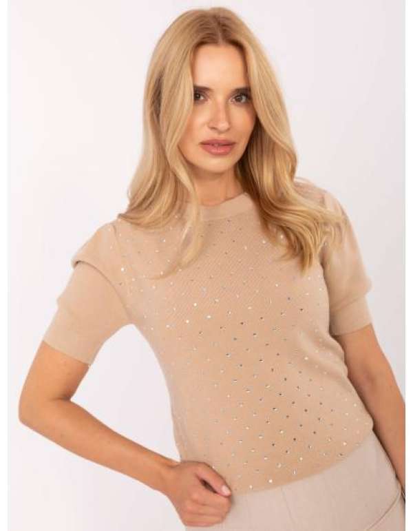 Bézs klasszikus pulóver V-kivágással