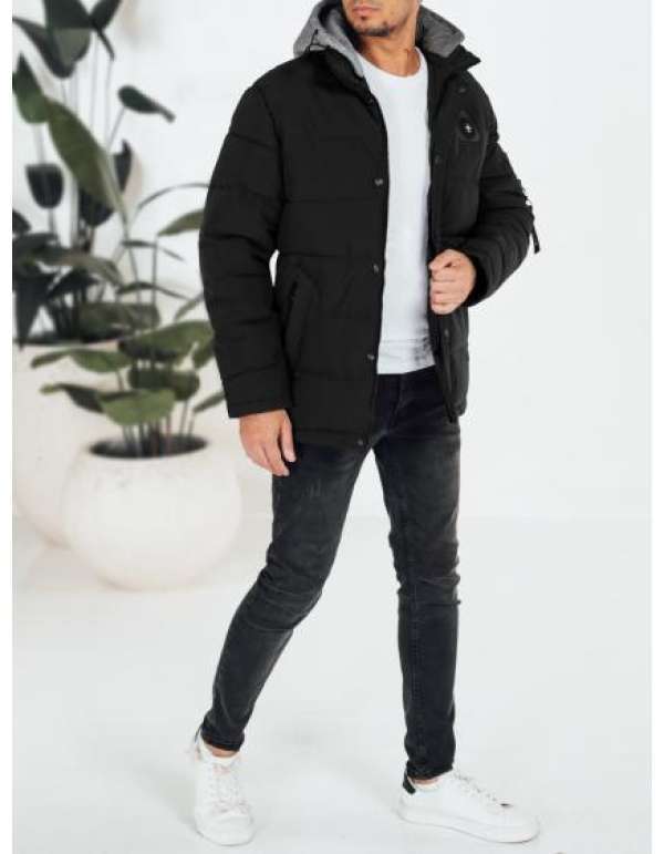 Férfi téli steppelt dzseki kapucnival fekete