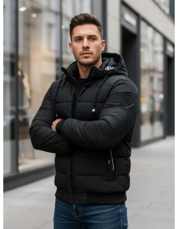 Férfi téli steppelt kabát kapucnival fekete