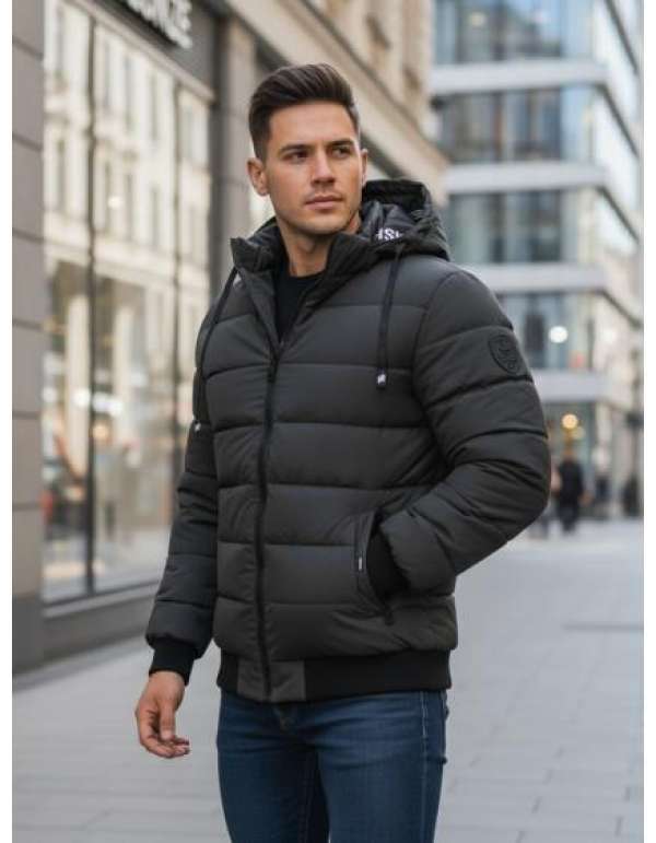 Férfi téli steppelt kabát kapucnival sötétszürke színben