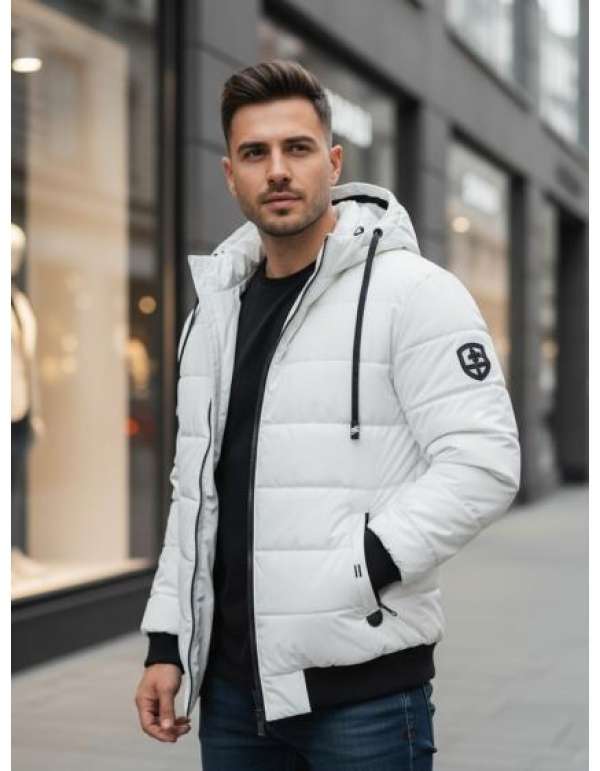 Férfi téli steppelt dzseki kapucnival fehér